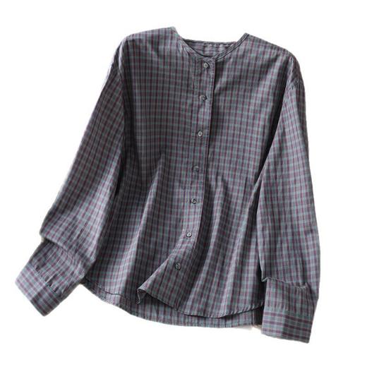 B098-8102025休闲简约复古格纹圆领衬衫秋季新款文艺格子长袖外套女装 商品图4