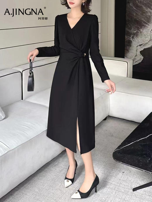 【修身围裹式】阿菁娜秋季新款法式围裹长袖连衣裙 收腰显瘦遮小腹X廓形 通勤约会多场景 F30D212001 商品图4