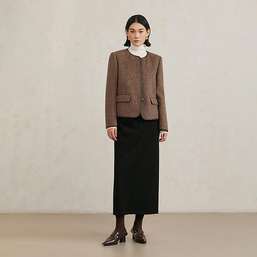 NEELLY纳俪商场同款冬新款复古棕色圆领羊毛混纺外套女优雅上衣N25104N04528 商品图2