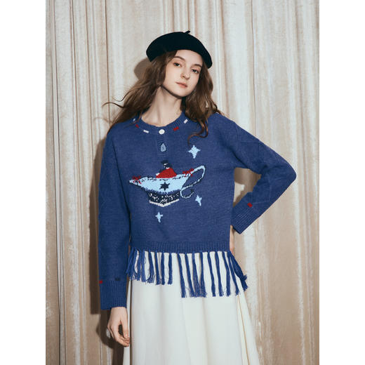 两三事 摘星日记 2025冬季新款趣味小彩条圆领提花流苏下摆毛衣女 商品图1