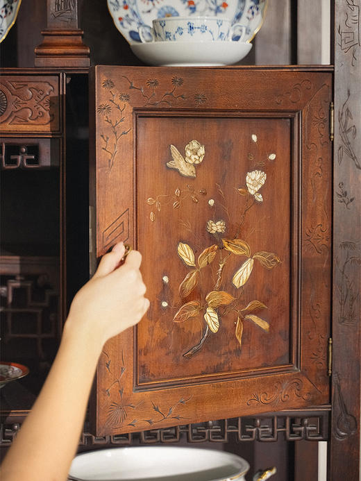 独角鹿西洋古董 1890年代法国出品Viardot东方风格蟠龙造型铜鎏金装饰花鸟镶嵌多宝阁 商品图4