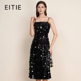 EITIE爱特爱冬季新款奢华感黑色亮片立体感收腰礼服连衣裙8007717