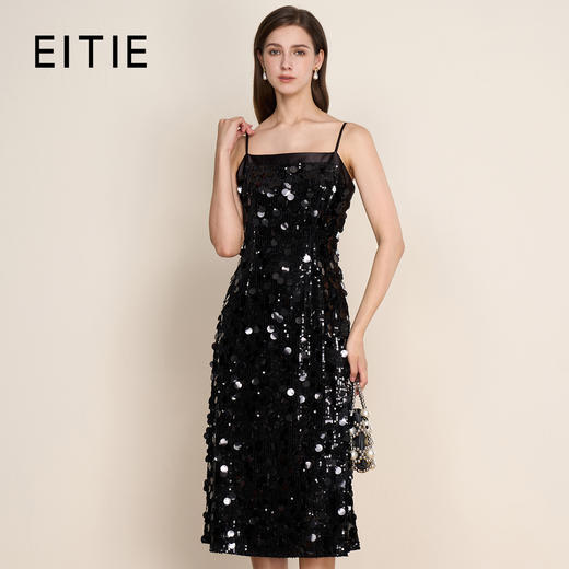 EITIE爱特爱冬季新款奢华感黑色亮片立体感收腰礼服连衣裙8007717 商品图0
