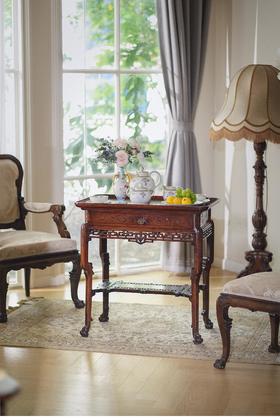 【已售】独角鹿西洋古董 1900年代英国出品东方风格实木精雕竹叶纹下午茶桌