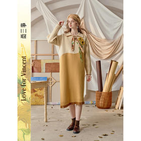 两三事梵高文艺左岸来信2025冬新款立体手钩花印花领带针织连衣裙