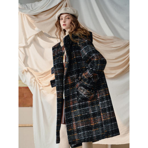 【暖冬内购】两三事梵高文艺棋格密语2025冬季新款刺绣口袋格子连帽毛呢外套女 商品图2