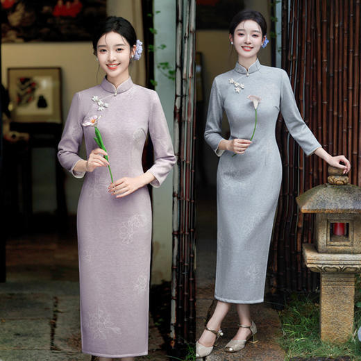 SKY 35822复古国风仿羊绒长款加绒旗袍改良 商品图0