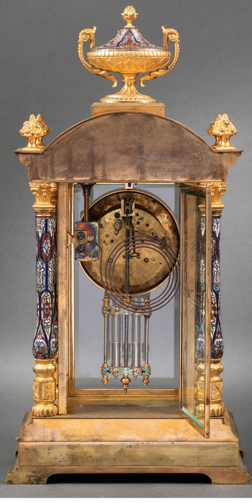 独角鹿西洋古董 19世纪末法国出品新古典主义风格铜鎏金精雕镶嵌錾胎珐琅座钟烛台三件套 商品图3