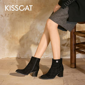 【云粉节】BF楼KISSCAT接吻猫25冬新优雅粗跟靴复古真皮弹力靴瘦瘦靴时装靴女KA65718-12吊牌价1599活动价899