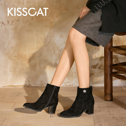 【云粉节】BF楼KISSCAT接吻猫25冬新优雅粗跟靴复古真皮弹力靴瘦瘦靴时装靴女KA65718-12吊牌价1599活动价899 商品图0