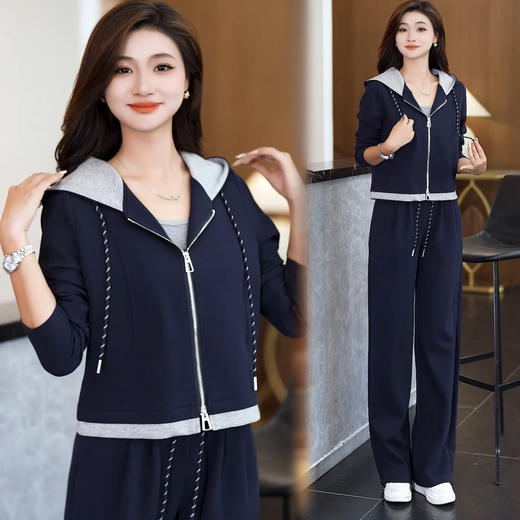 YM 8130休闲跑步运动套装显瘦连帽拼接卫衣直筒裤两件套 商品图0