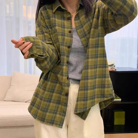 新品上市港风绿色格子衬衫外套女春秋季慵懒风oversize衬衣内搭外穿百搭外套
