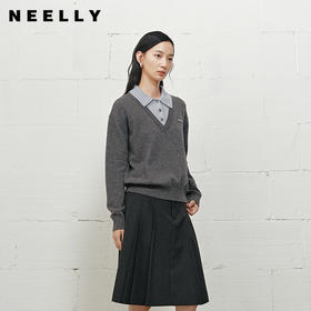 NEELLY纳俪商场同款冬季新款学院风显白宽松针织女撞色慵懒风上衣N25101A01001