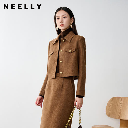 NEELLY纳俪商场同款冬新款小香风正肩显瘦短外套女绵羊毛保暖上衣N25104C04503 商品图0