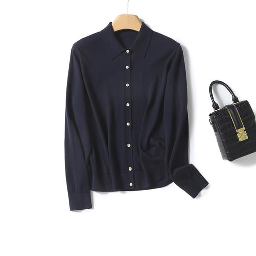 丁摩 100%绵羊毛衫女衬衫领女士精纺羊毛开衫16G春秋针织衫女5ZF-779 商品图3