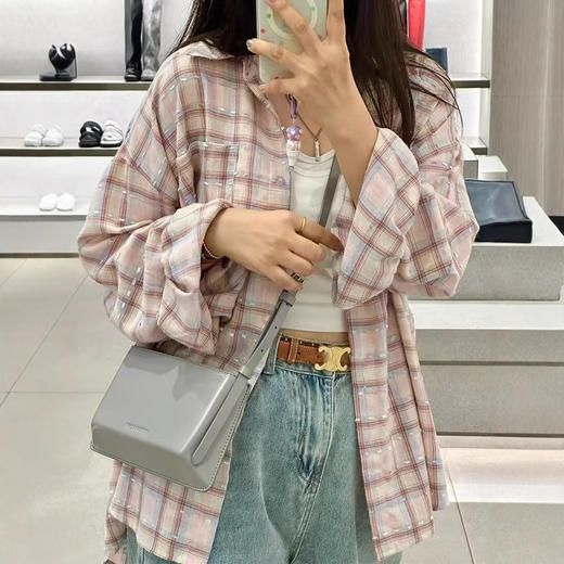新品上市多巴胺甜美粉色格子衬衫女ins开春休闲遮肉长袖上衣内搭外穿韩系小红书同款 商品图3
