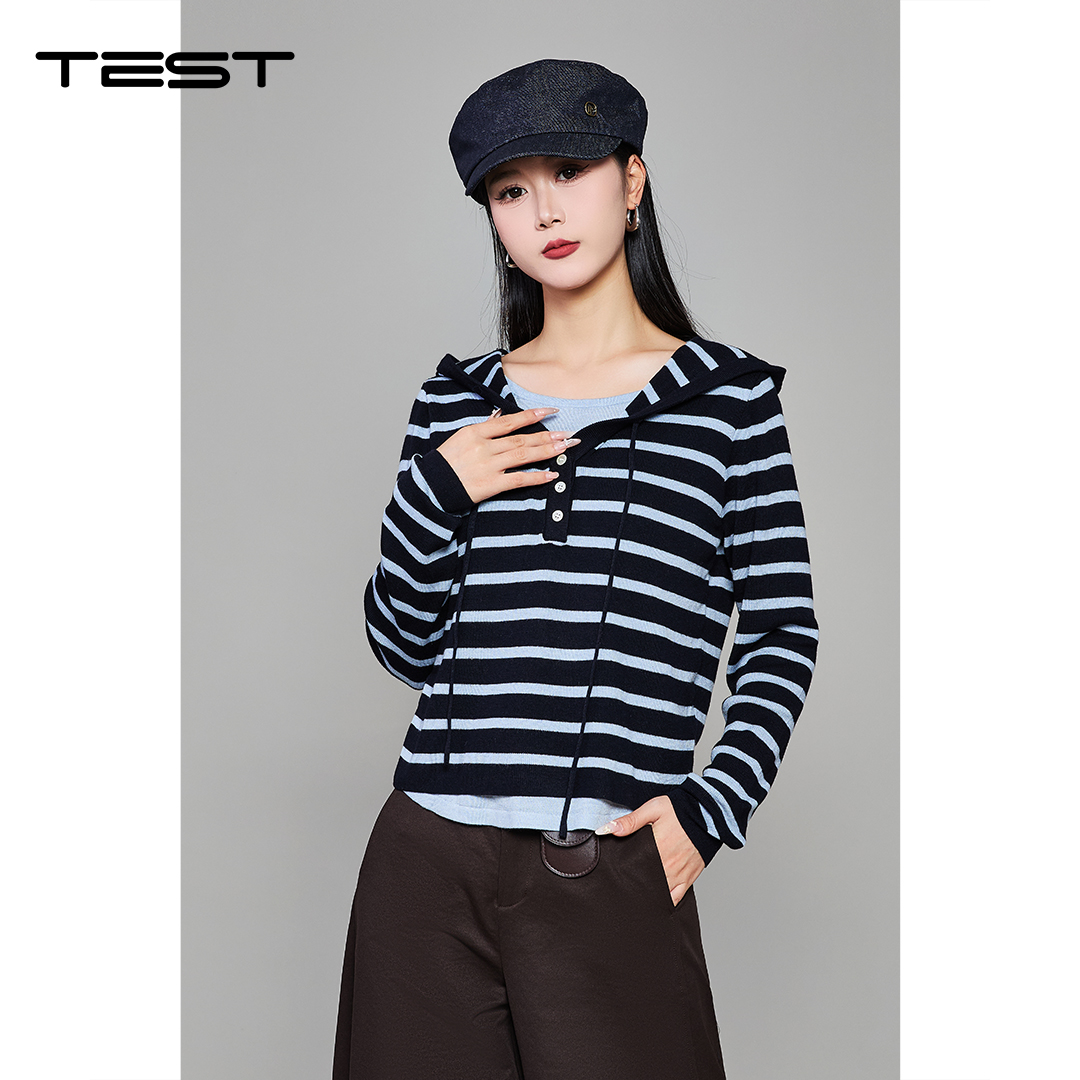 冬上新海军风条纹连帽宽松休闲长袖毛衣1254010