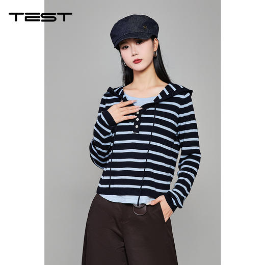 冬上新海军风条纹连帽宽松休闲长袖毛衣1254010 商品图0