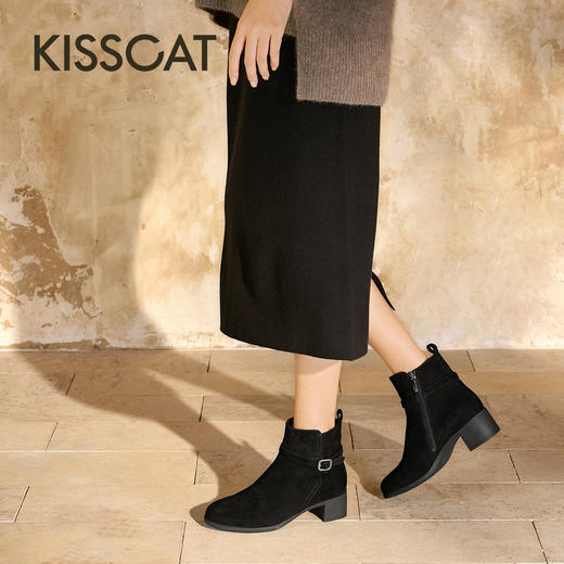 【云粉节】BF楼KISSCAT接吻猫25冬季新款显瘦粗跟矮靴增高法式真皮黑色时装靴女KA65885-10吊牌价1499活动价799 商品图0