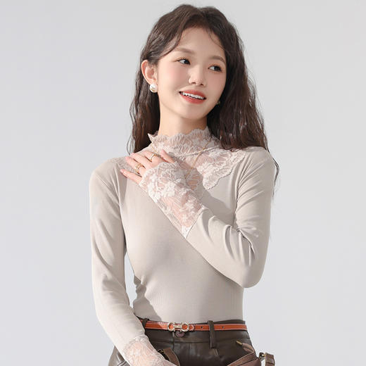 丁摩 蕾丝上衣女长袖秋冬新款大码女装半高领网纱内搭打底衫洋气衫5ZF-2517 商品图2