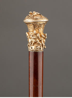 独角鹿西洋古董 1880-1910年代欧洲出品骑兵主题铜鎏金精雕杖柄硬木绅士手杖
