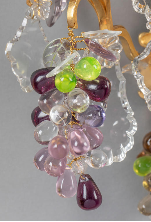 独角鹿西洋古董 1850-1870年代法国拿破仑三世时期出品铜鎏金精雕镶嵌「葡萄」主题水晶吊坠双枝壁灯一对 商品图5