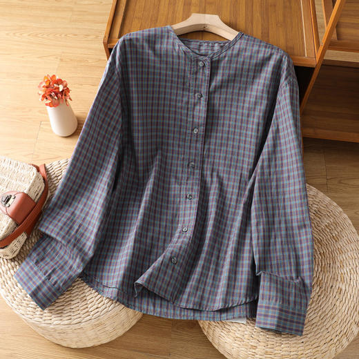 B098-8102025休闲简约复古格纹圆领衬衫秋季新款文艺格子长袖外套女装 商品图1