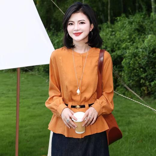 法式圆领收腰压褶长袖衬衫女2025秋季气质减龄独特漂亮衬衣 商品图0