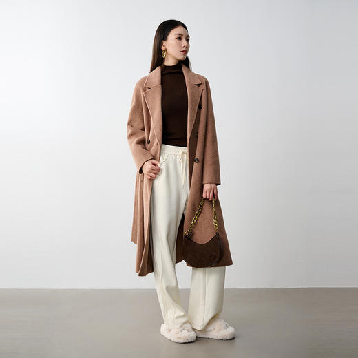 NEELLY纳俪商场同款冬季新款绵羊毛长款双面呢大衣女驼色通勤外套N25104N04591 商品图2