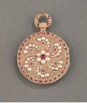 独角鹿西洋古董 1840年代瑞士出品黄金镶嵌天然海水珍珠及红宝石古董珠宝怀表