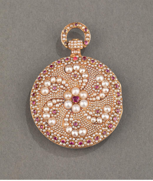 独角鹿西洋古董 1840年代瑞士出品黄金镶嵌天然海水珍珠及红宝石古董珠宝怀表 商品图0