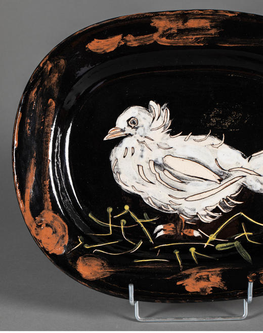 独角鹿西洋古董 1949年代西班牙艺术家与法国工坊合作出品限量装饰陶盘「Colombe sur lit de paille 草床上的鸽子」 商品图3