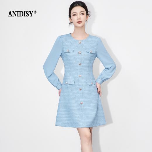 小香风优雅圆领长袖单排扣后拉链收腰连衣裙 商品图1