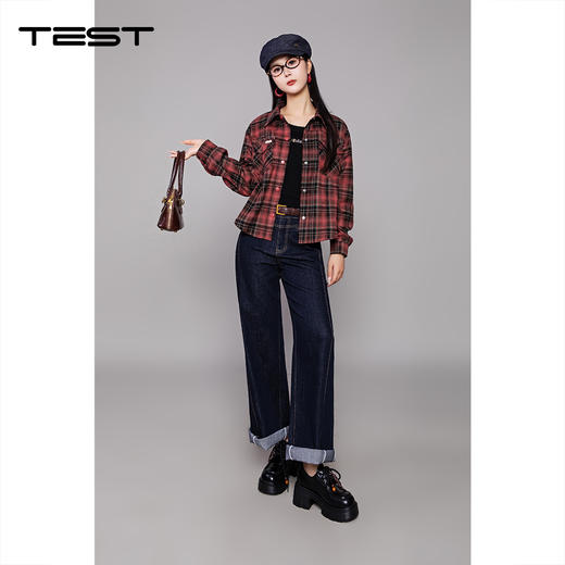 冬上新复古美式酷飒感红黑格纹工装风衬衫女1254007 商品图2
