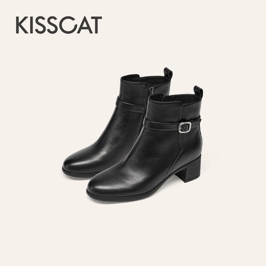 【云粉节】BF楼KISSCAT接吻猫25冬季新款显瘦粗跟矮靴增高法式真皮黑色时装靴女KA65885-10吊牌价1499活动价799 商品图1