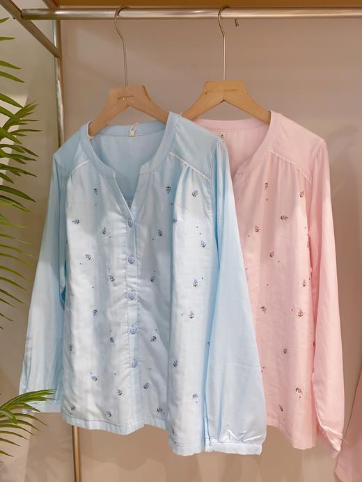 松植屋【沙宛】圆领开门襟长袖长裤套装女款100%棉 双层纱小花刺绣睡衣家居服 商品图0