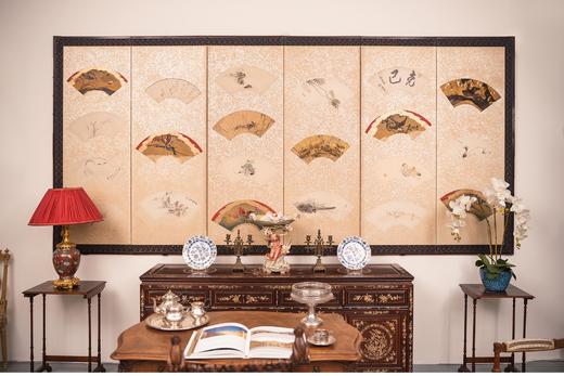 【已售】独角鹿西洋古董 20世纪初日本大正时期出品银地纸本着色东瀛折扇主题六曲屏风 商品图0