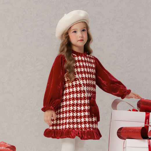 笛莎Deesha 童装女童连衣裙2025冬新款新年干鸟格香风连衣裙 商品图1