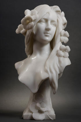 独角鹿西洋古董1890年代法国雕塑家Georges Coudray签名创作新艺术风格卡拉拉大理石半身像雕塑作品《睡莲》