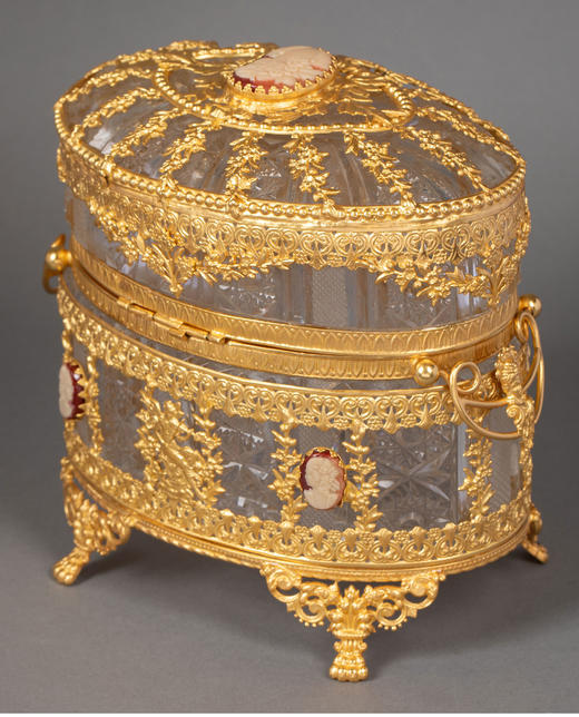 独角鹿西洋古董 19世纪末法国出品精灵仙子主题铜鎏金精雕嵌古典女子肖像卡梅奥装饰水晶珍宝盒 商品图3