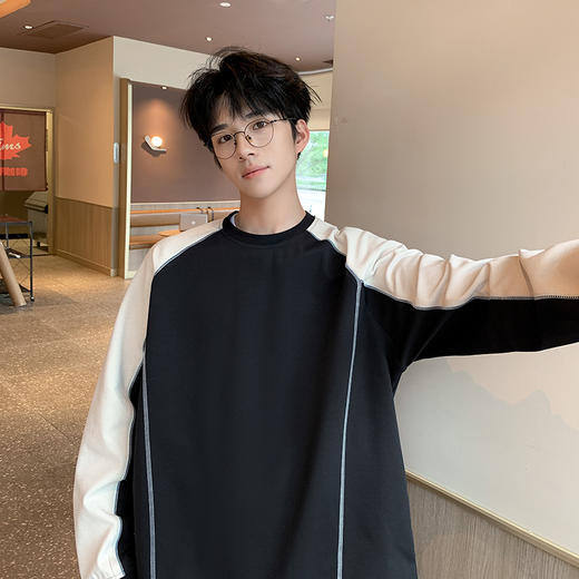 英国轻奢Schenvega 爆款迪桑平纹科技透气撞色拼接落肩长袖T恤卫衣A72-7903 商品图1