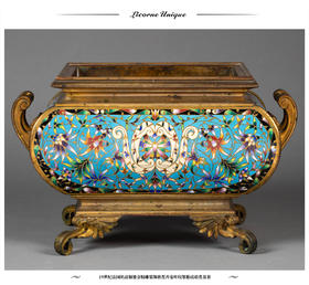 独角鹿西洋古董 19世纪法国出品铜鎏金精雕装饰嵌花卉卷叶纹画珐琅花盆套