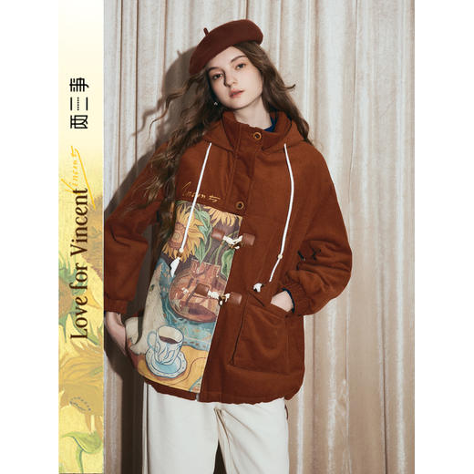 两三事梵高文艺画中缪斯2025秋冬新款印花拼接灯芯绒牛角扣棉衣女 商品图0