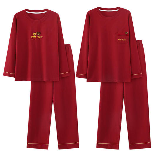 情侣睡衣红色长袖圆领薄款女士大码男士华夫格家居服可外穿套装秋本命年睡衣 商品图4