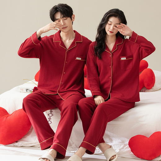 红色本命年睡衣情侣睡衣红色翻领开衫长袖韩版女士大码男士华夫格家居服可外穿秋季家居服 商品图2