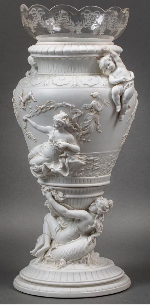 【已售】独角鹿西洋古董 19世纪法国出品古希腊神话主题「命运三女神」素胎瓷嵌水晶花瓶一对 商品图3