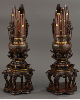 独角鹿西洋古董 1890年代日本高冈铜器名大橋三右衛門出品「古笙」造型金银象嵌赤铜香炉