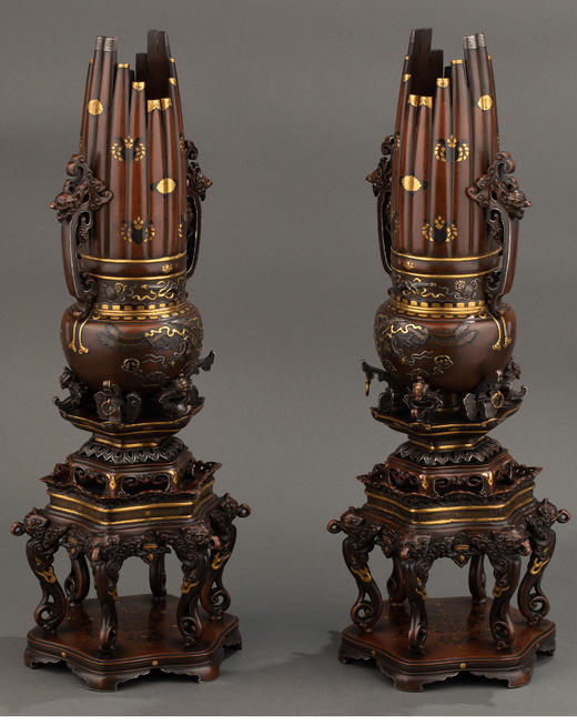 独角鹿西洋古董 1890年代日本高冈铜器名大橋三右衛門出品「古笙」造型金银象嵌赤铜香炉 商品图0