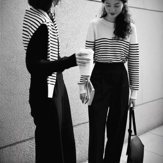 丁摩 海魂衫100%美丽诺羊毛衫春秋冬打底毛衣女16G条纹针织衫女5ZF-678 商品图1