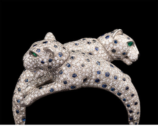 独角鹿西洋古董 20世纪晚期法国出品铂金嵌钻石蓝宝石祖母绿及缟玛瑙「美洲豹」手镯 商品图5